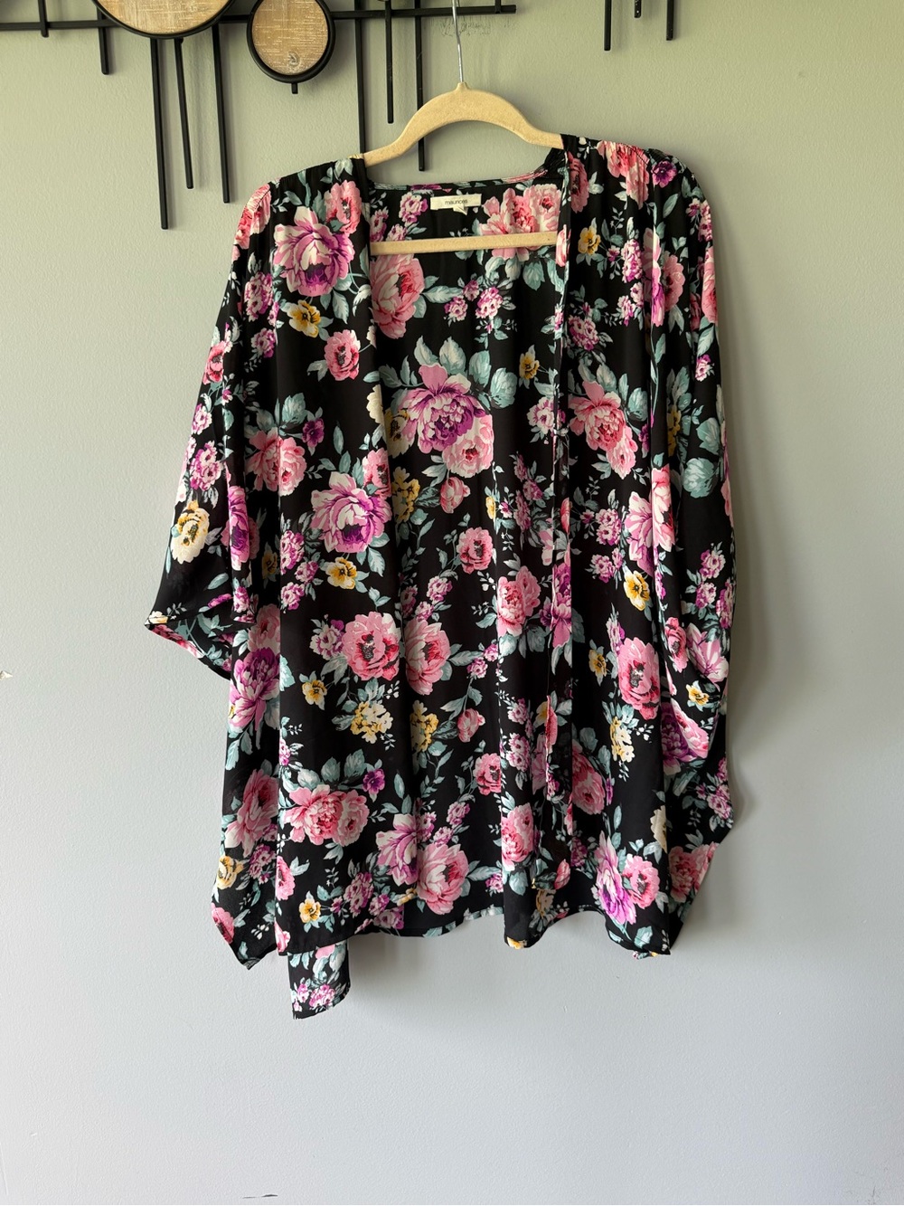 Maurices Black Floral Kimono with Pink and Mint Green Blooms